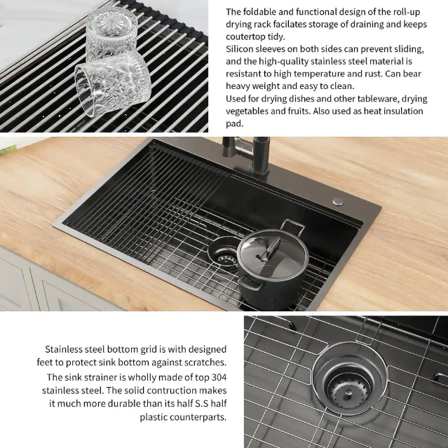 27 in Drop-In Single Bowl 18 Gauge Gunmetal Black Stainless Steel Workstation Kitchen Sink with Black Spring Neck Faucet