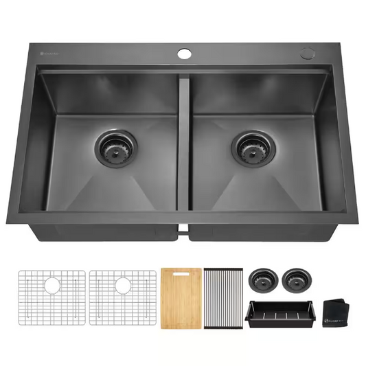 33 in. Drop-In Double Bowl 18 Gauge Gunmetal Black Stainless Steel Workstation Kitchen Sink